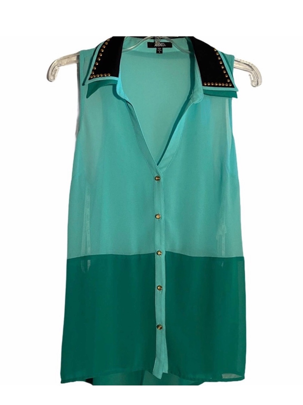 XOXO Sheer Teal Two-Tone Sleeveless Button Front Tunic with Black Studded Collar